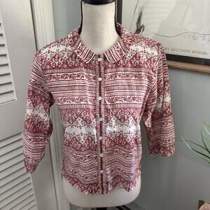 ANOKHI Womens Top Small Red White Bohemian Print Button Down Casual Hippie